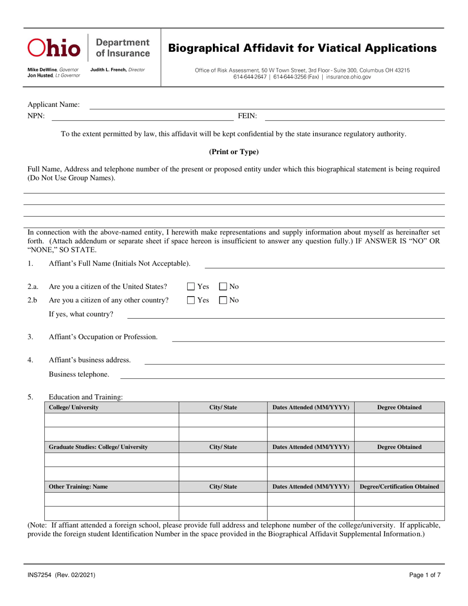 Form INS7254 Biographical Affidavit for Viatical Applications - Ohio, Page 1