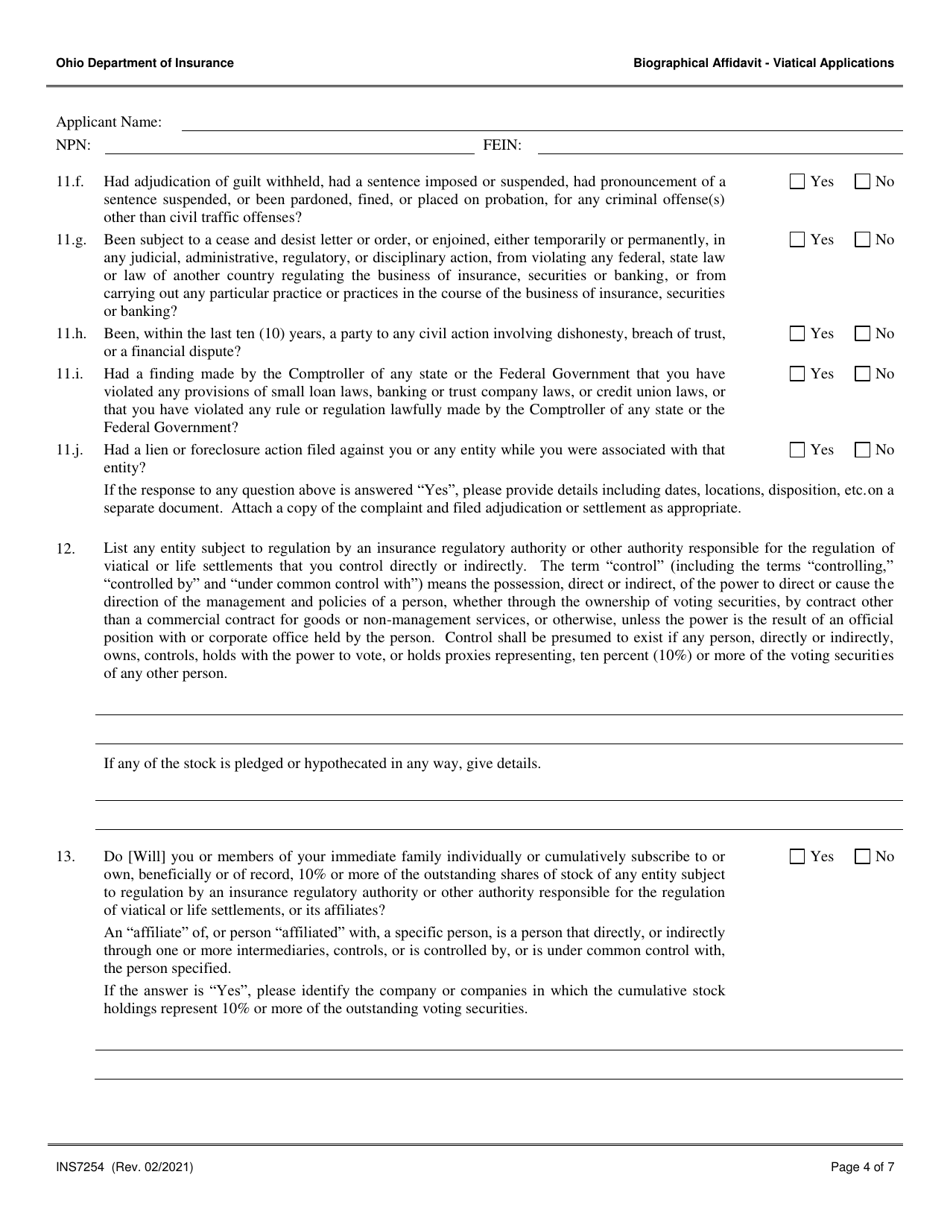 Form INS7254 Biographical Affidavit for Viatical Applications - Ohio, Page 4