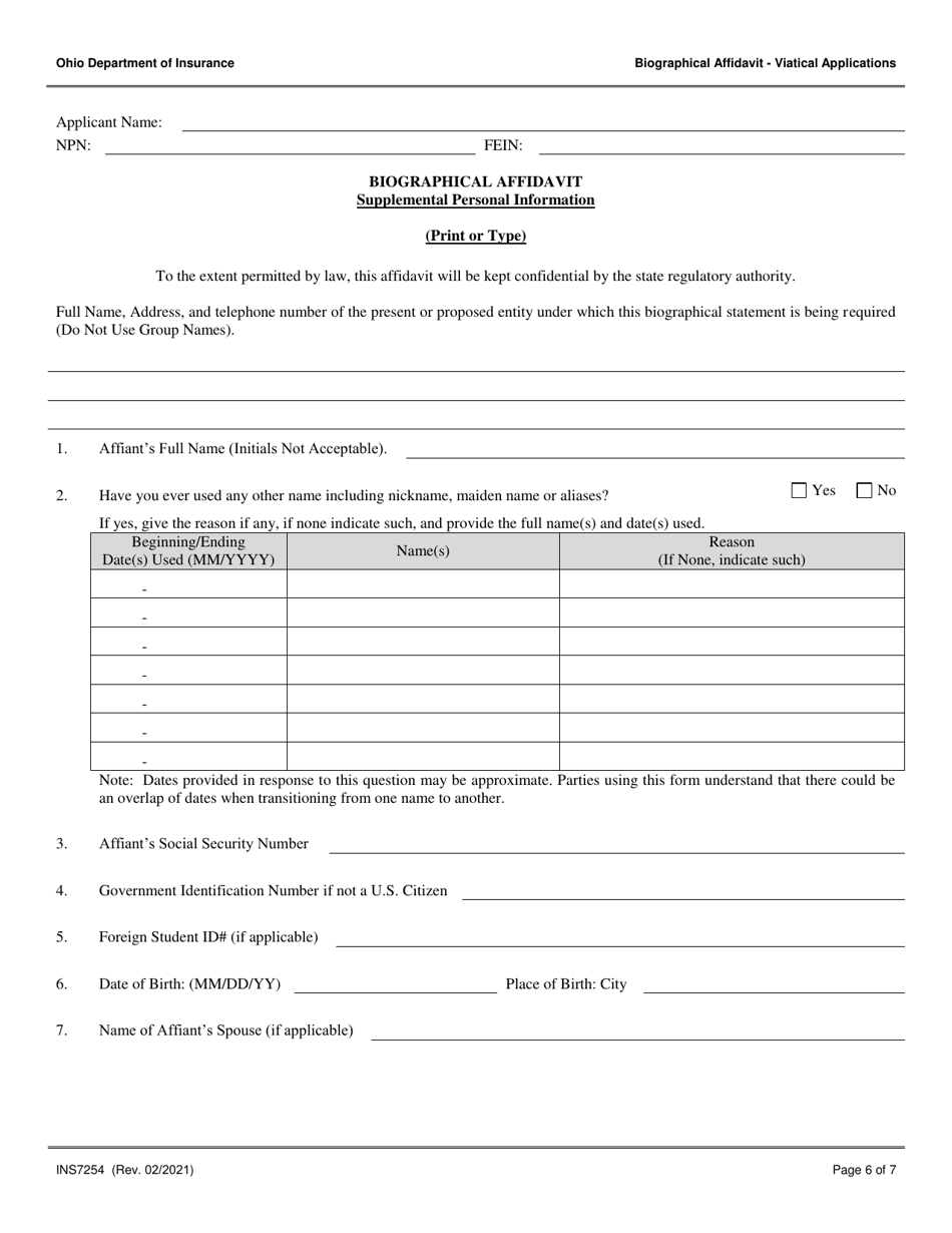 Form INS7254 Biographical Affidavit for Viatical Applications - Ohio, Page 6