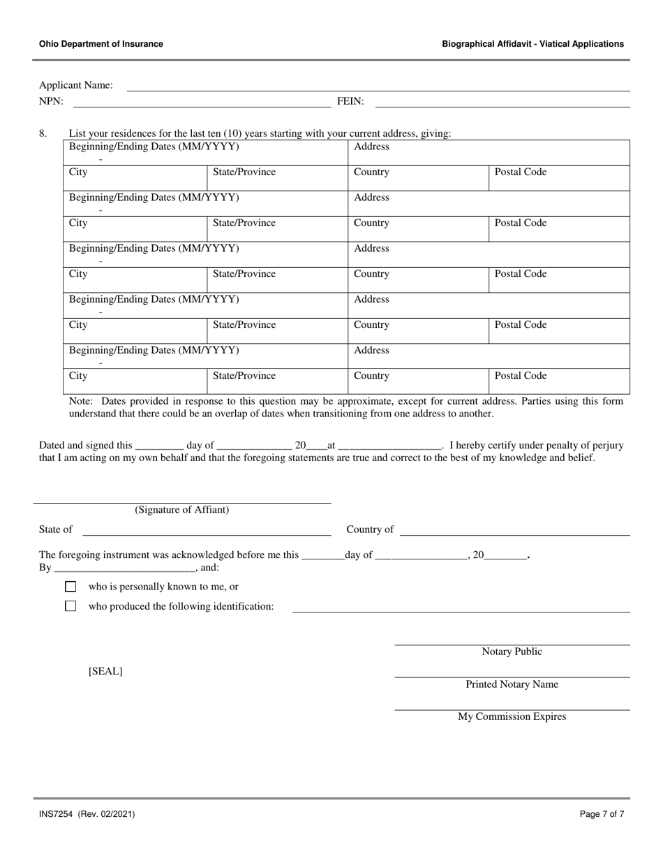 Form INS7254 Biographical Affidavit for Viatical Applications - Ohio, Page 7