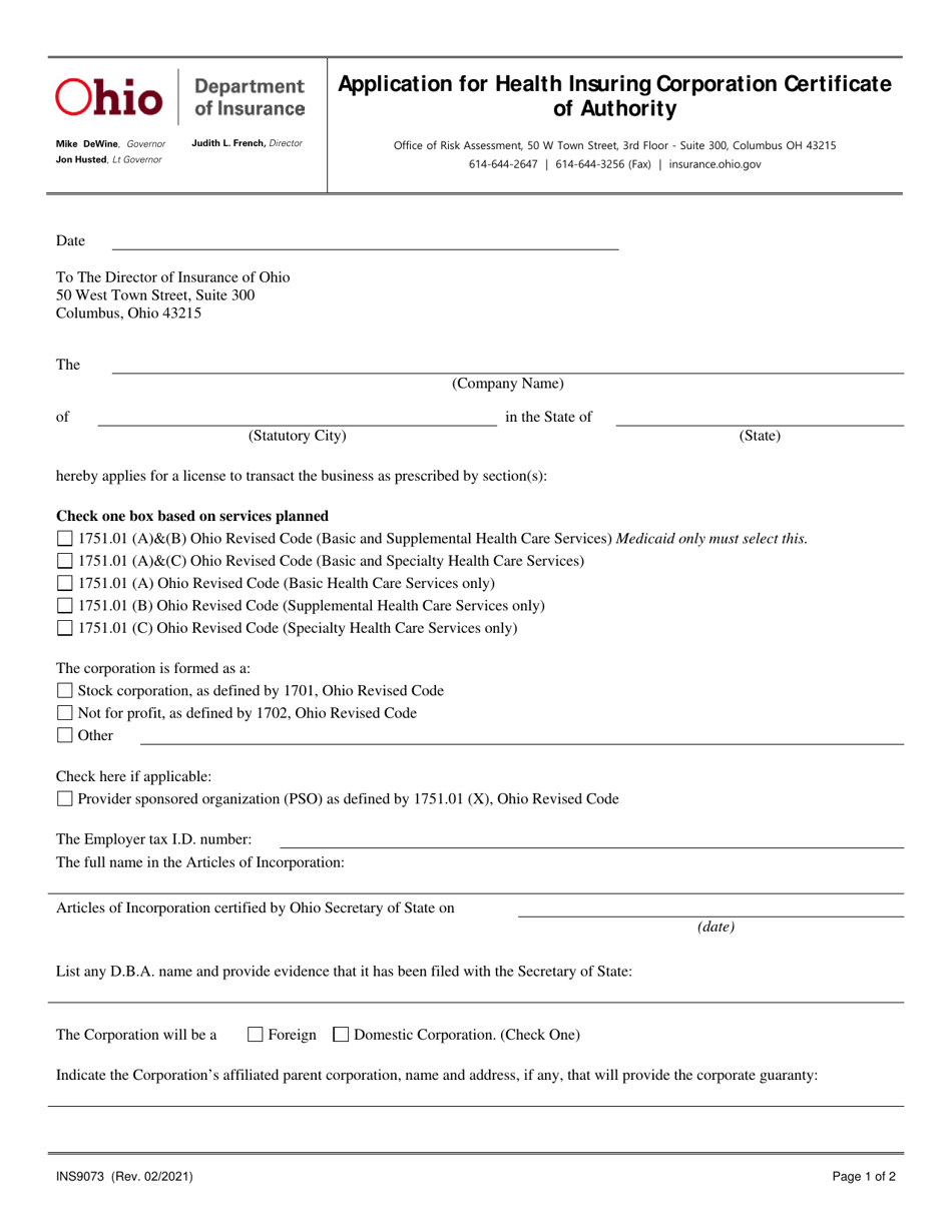 Form INS9073 Application for Health Insuring Corporation Certificate of Authority - Ohio, Page 1