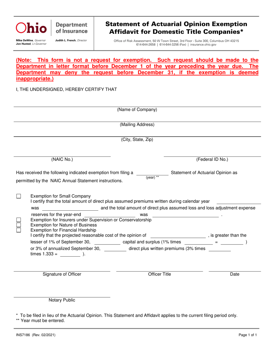 Form INS7186 Statement of Actuarial Opinion Exemption Affidavit for Domestic Title Companies - Ohio, Page 1