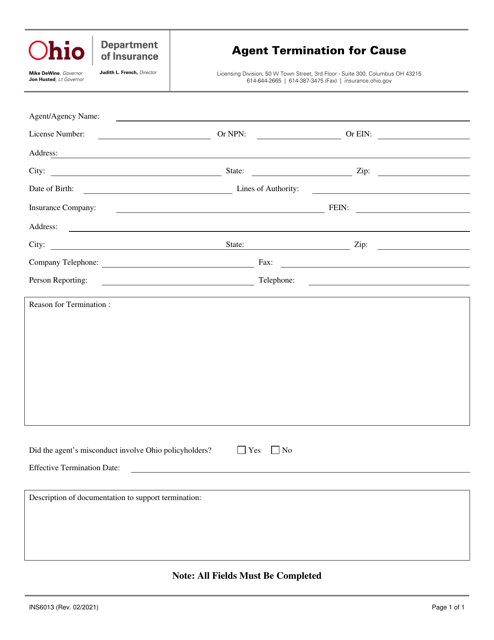 Form INS6013 Agent Termination for Cause - Ohio