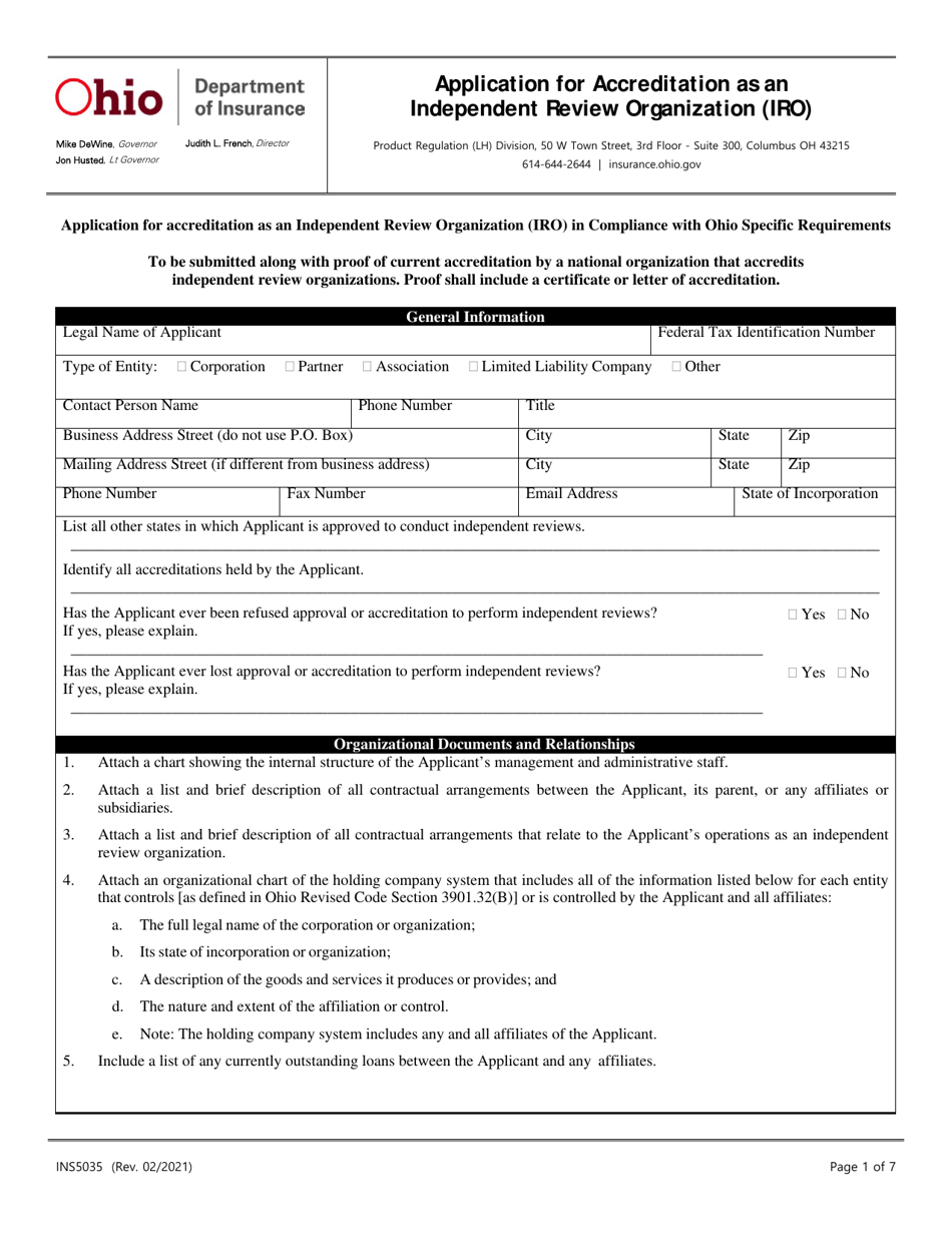 Form INS5035 Application for Accreditation as an Independent Review Organization (Iro) - Ohio, Page 1
