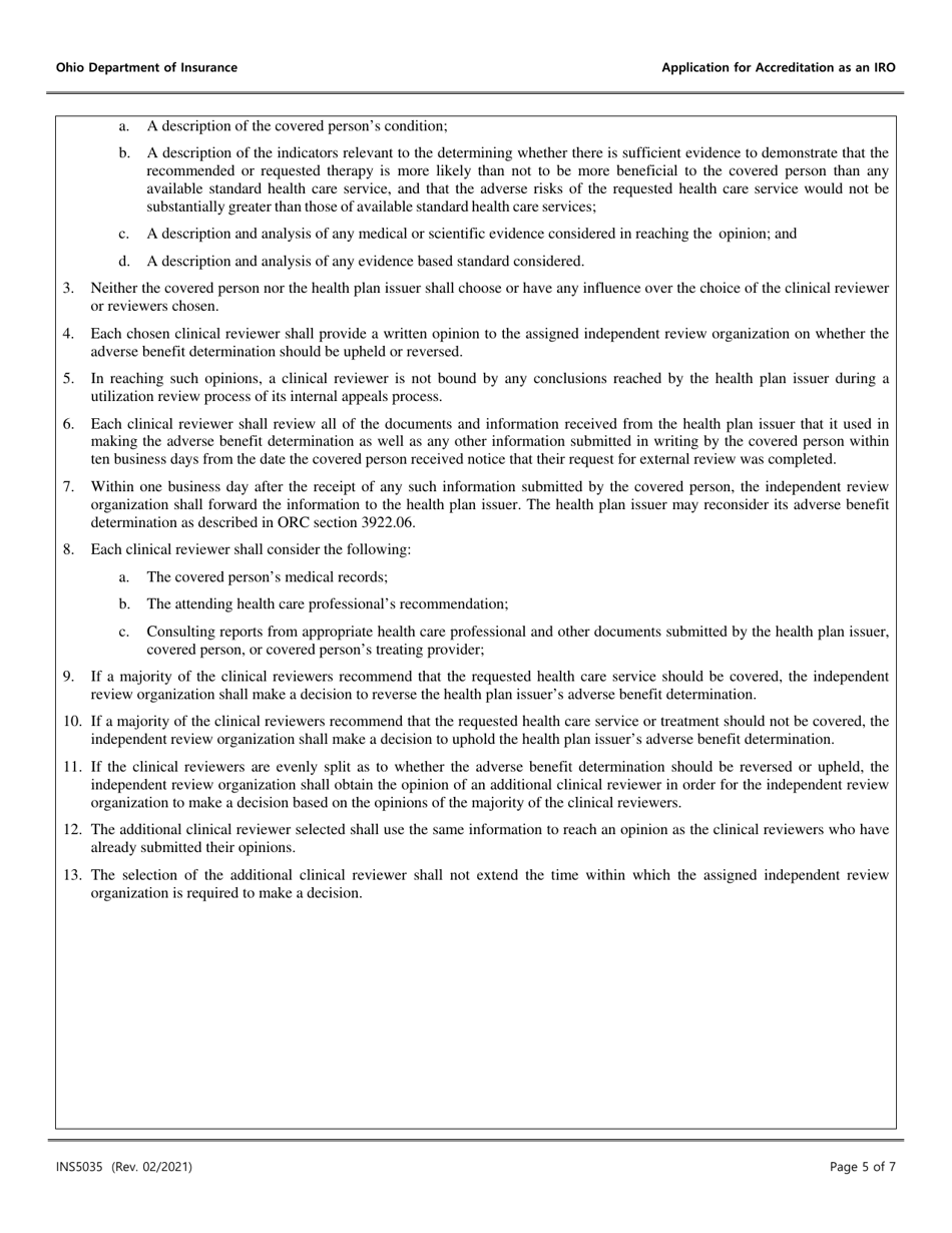 Form INS5035 Application for Accreditation as an Independent Review Organization (Iro) - Ohio, Page 5