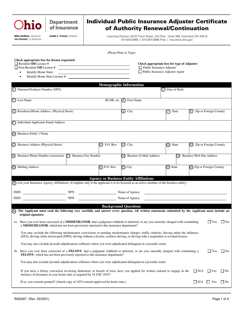 Form INS3287 Individual Public Insurance Adjuster Certificate of Authority Renewal / Continuation - Ohio, Page 1