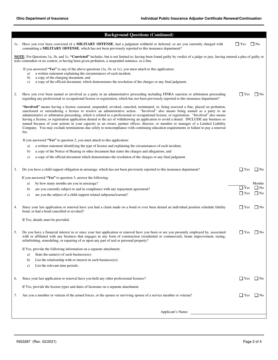 Form INS3287 Individual Public Insurance Adjuster Certificate of Authority Renewal / Continuation - Ohio, Page 2