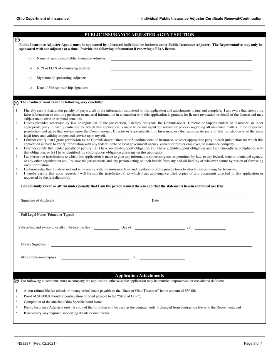 Form INS3287 Individual Public Insurance Adjuster Certificate of Authority Renewal / Continuation - Ohio, Page 3