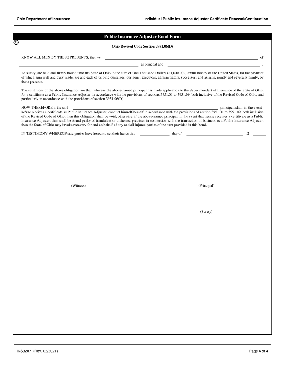 Form INS3287 Individual Public Insurance Adjuster Certificate of Authority Renewal / Continuation - Ohio, Page 4