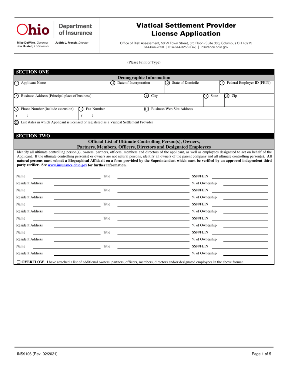 Form INS9106 Viatical Settlement Provider License Application - Ohio, Page 1