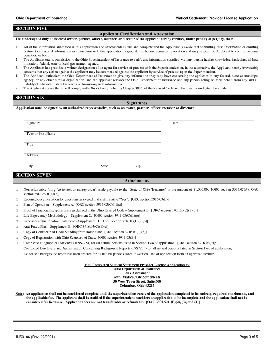 Form INS9106 Viatical Settlement Provider License Application - Ohio, Page 3