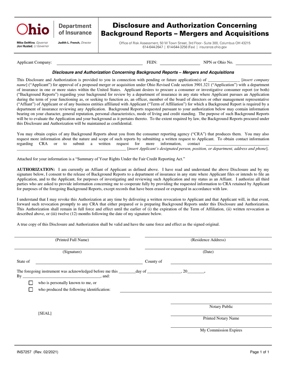 Form INS7257 Disclosure and Authorization Concerning Background Reports - Mergers and Acquisitions - Ohio, Page 1