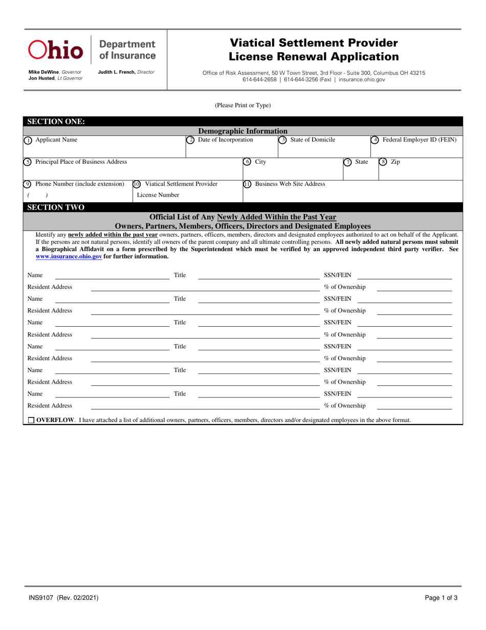 Form INS9107 Viatical Settlement Provider License Renewal Application - Ohio, Page 1