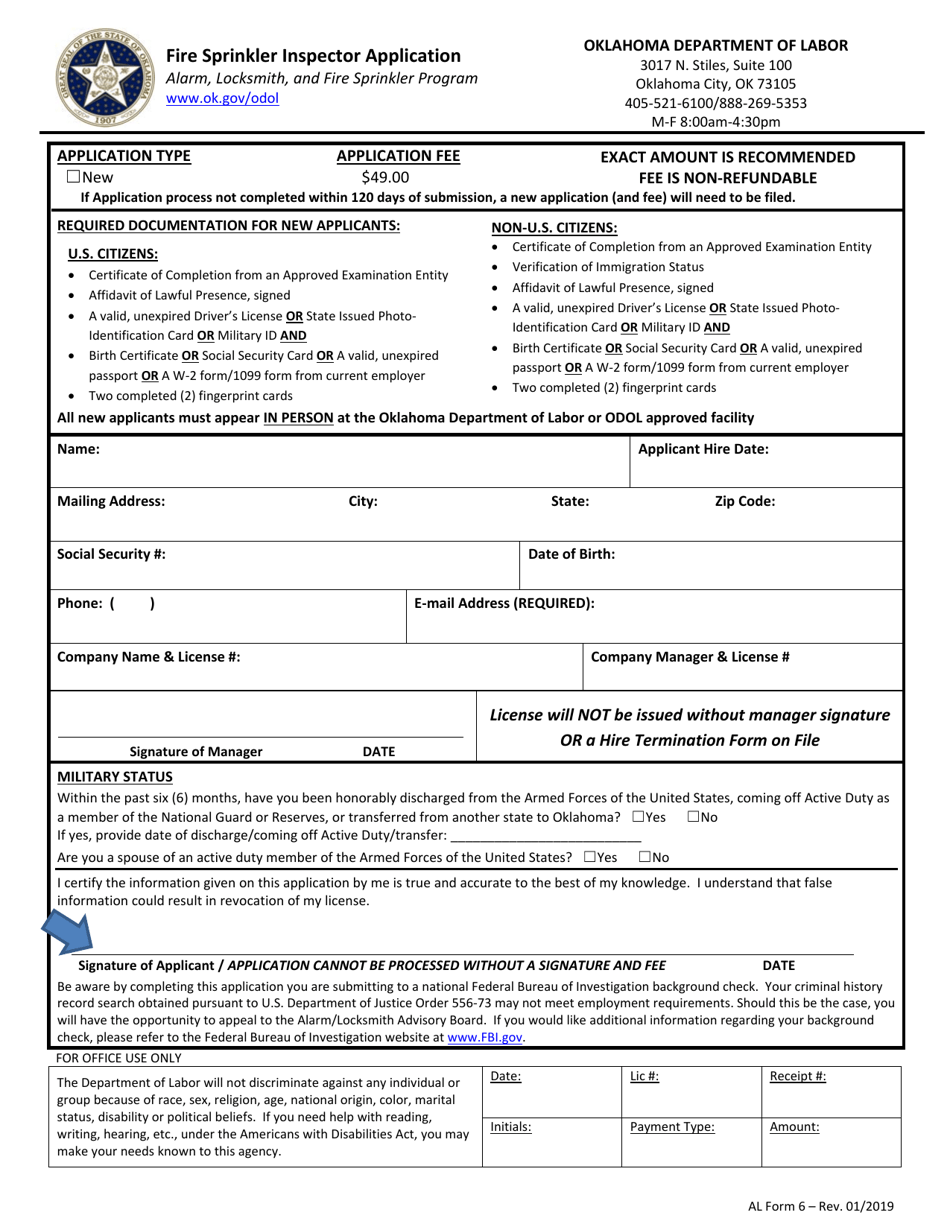 AL Form 6 Fire Sprinkler Inspector Application - Oklahoma, Page 1