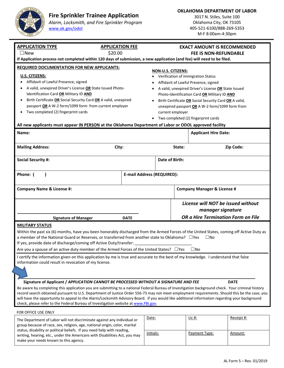 AL Form 5 Fire Sprinkler Trainee Application - Oklahoma, Page 1