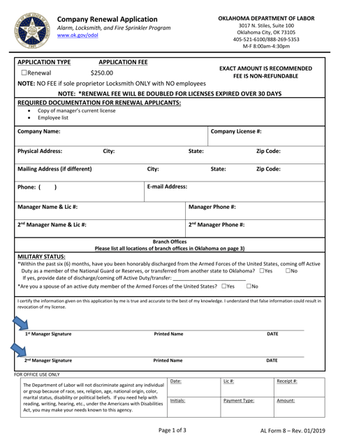 AL Form 8 Company Renewal Application - Oklahoma