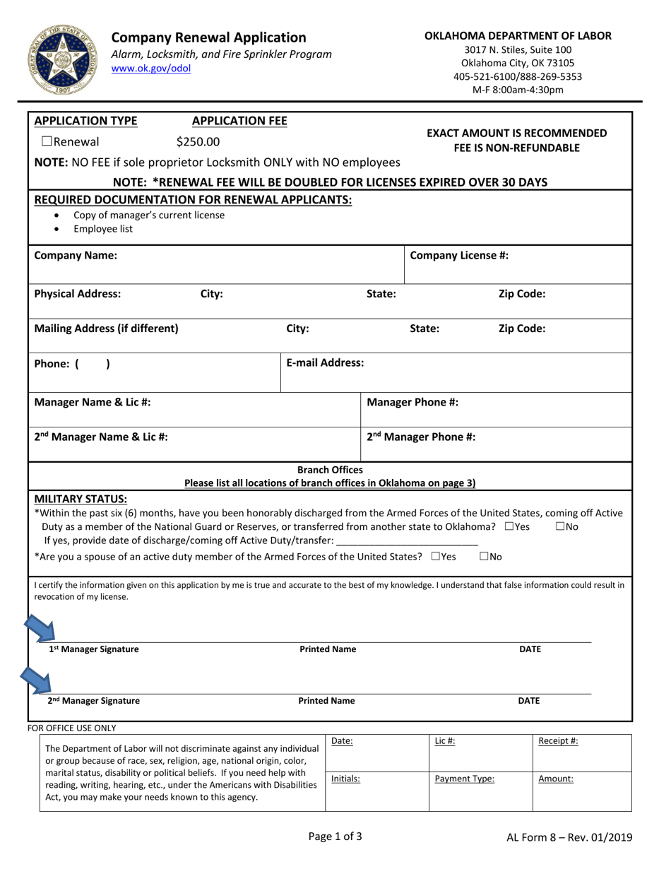 AL Form 8 Company Renewal Application - Oklahoma, Page 1