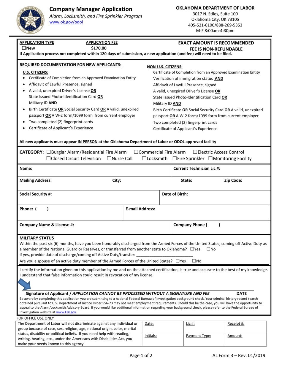 AL Form 3 Company Manager Application - Oklahoma, Page 1