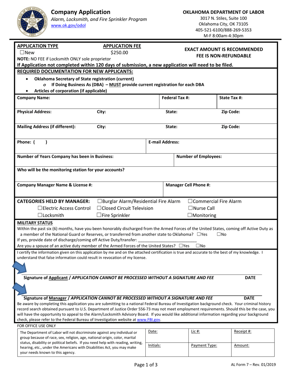 AL Form 7 Company Application - Oklahoma, Page 1