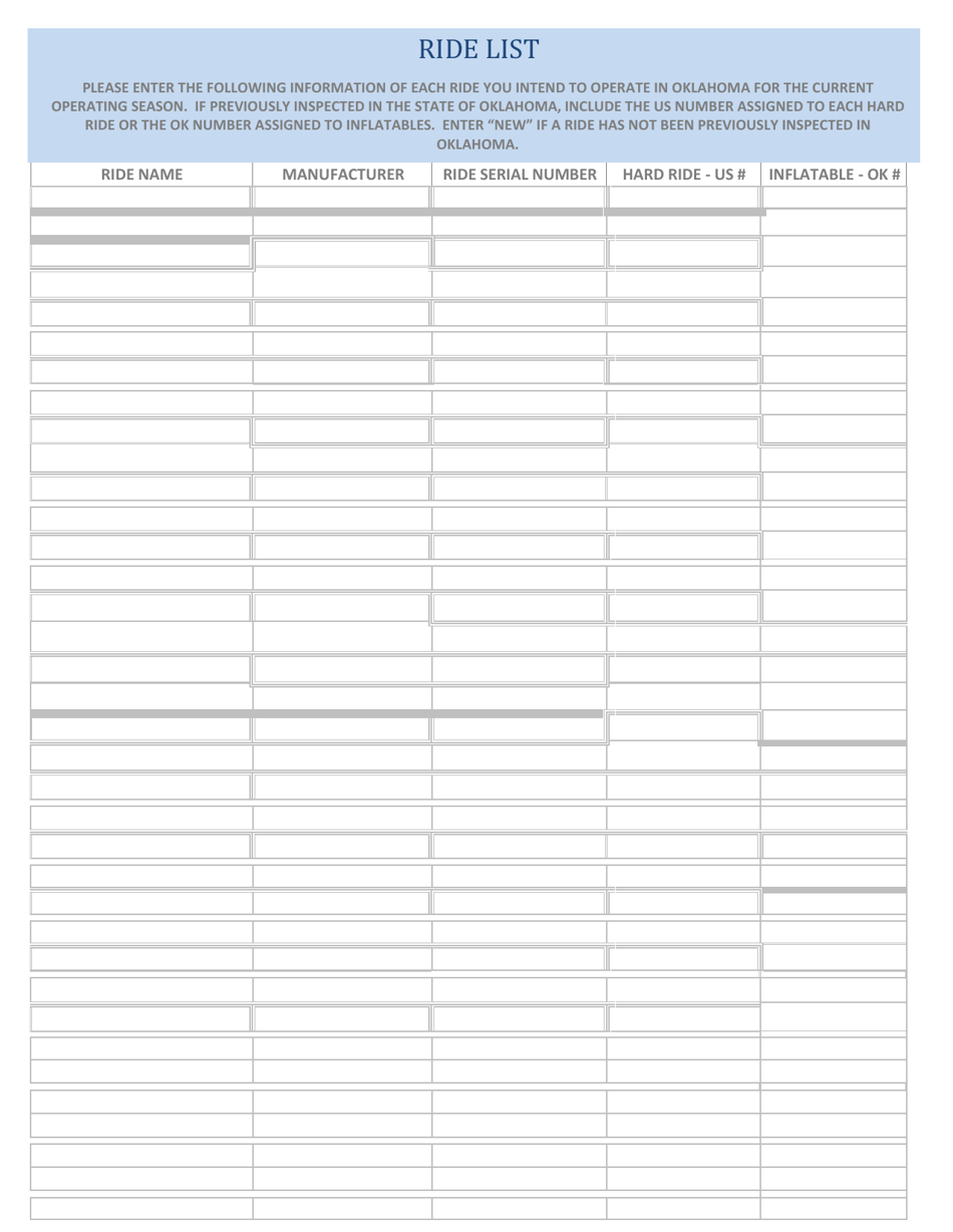 Amusement Ride Annual Application - Oklahoma, Page 3