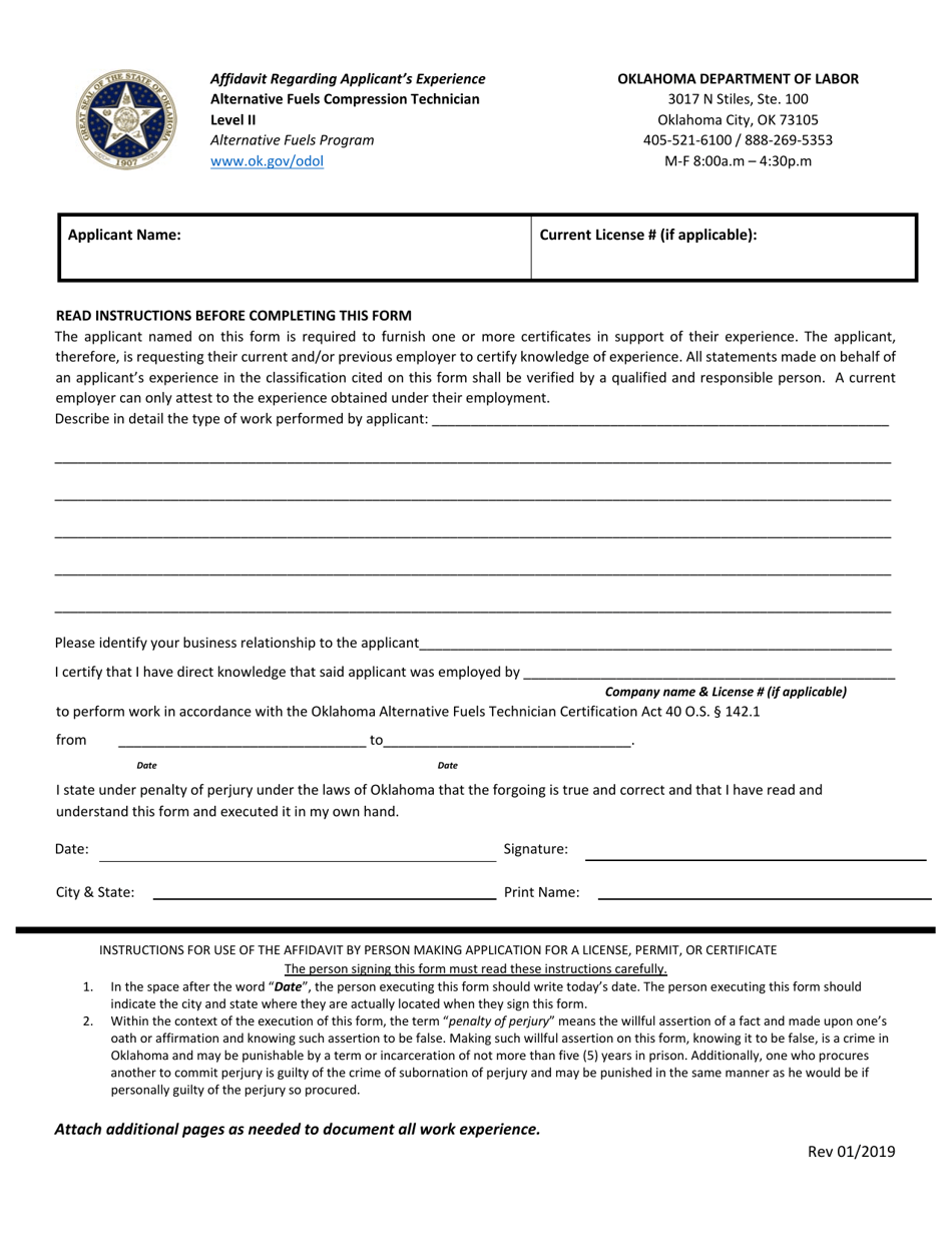 Affidavit Regarding Applicants Experience - Alternative Fuels Compression Technician - Oklahoma, Page 1