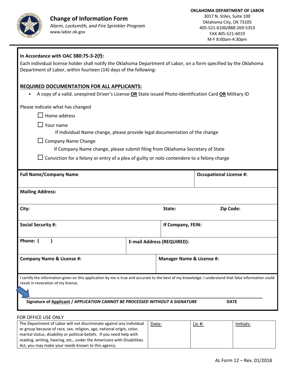 AL Form 12 Change of Information Form - Oklahoma, Page 1