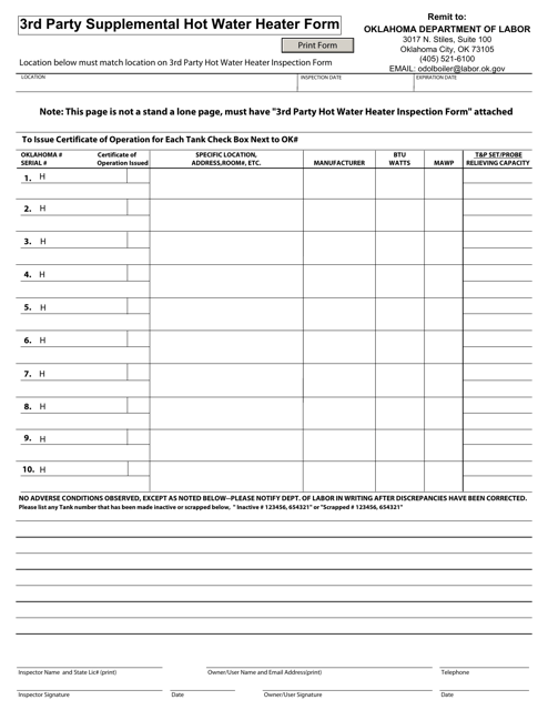3rd Party Supplemental Hot Water Heater Form - Oklahoma Download Pdf