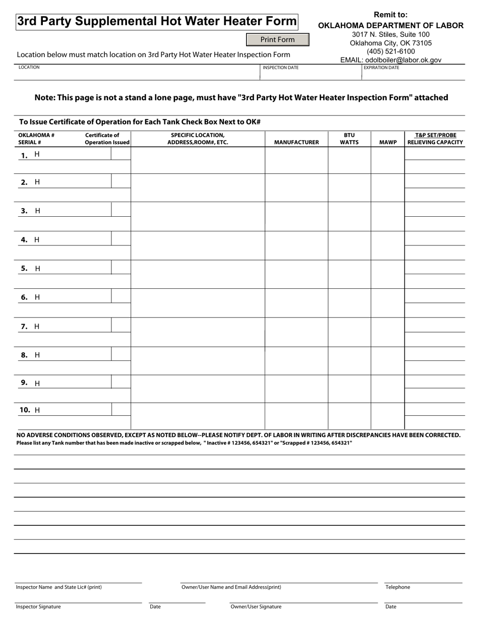 3rd Party Supplemental Hot Water Heater Form - Oklahoma, Page 1