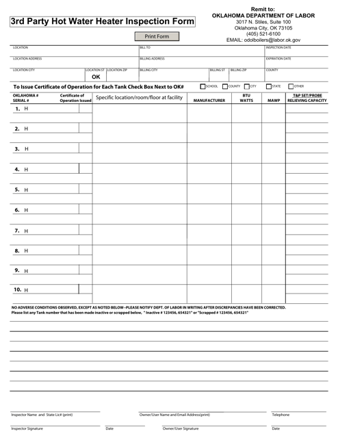 3rd Party Hot Water Heater Inspection Form - Oklahoma Download Pdf