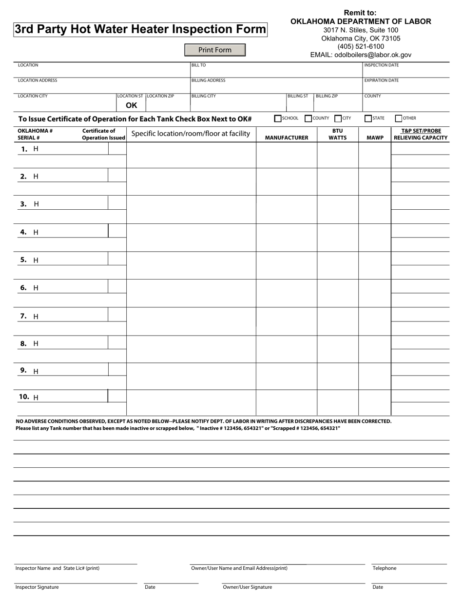 3rd Party Hot Water Heater Inspection Form - Oklahoma, Page 1