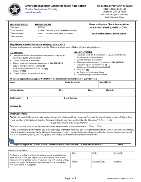 Elevator Form 7 Certificate Inspector License Renewal Application - Oklahoma