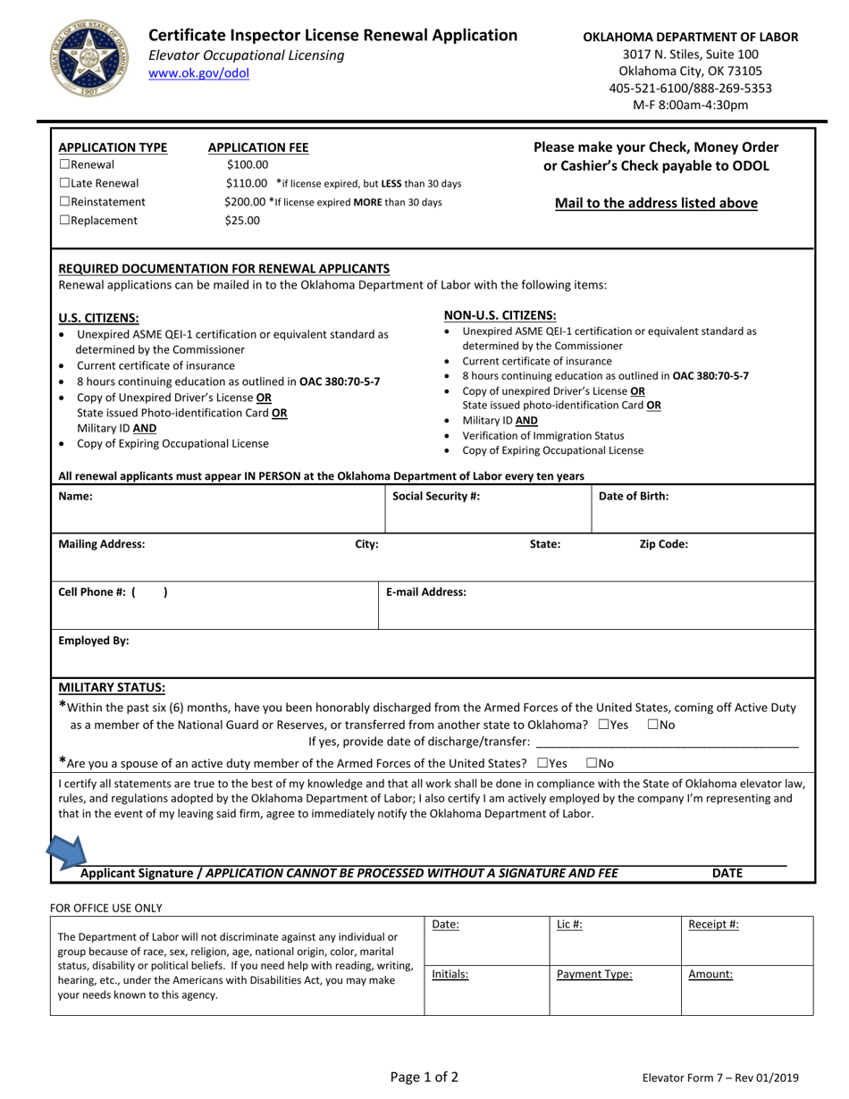 Elevator Form 7 Certificate Inspector License Renewal Application - Oklahoma, Page 1
