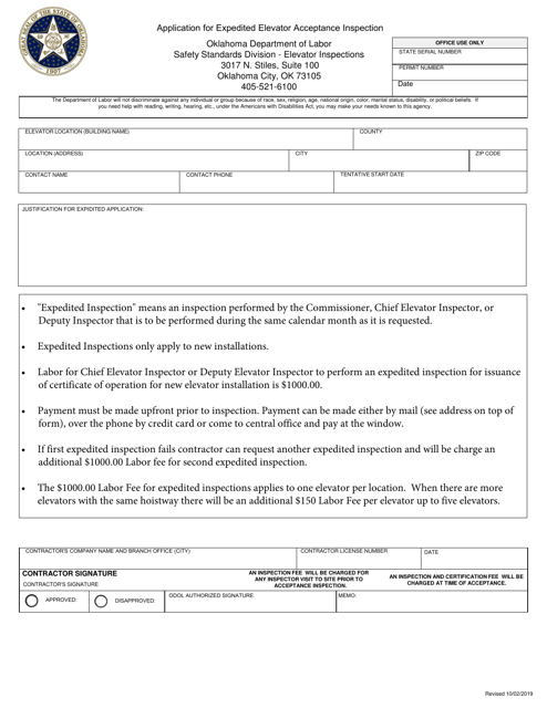 Application for Expedited Elevator Acceptance Inspection - Oklahoma