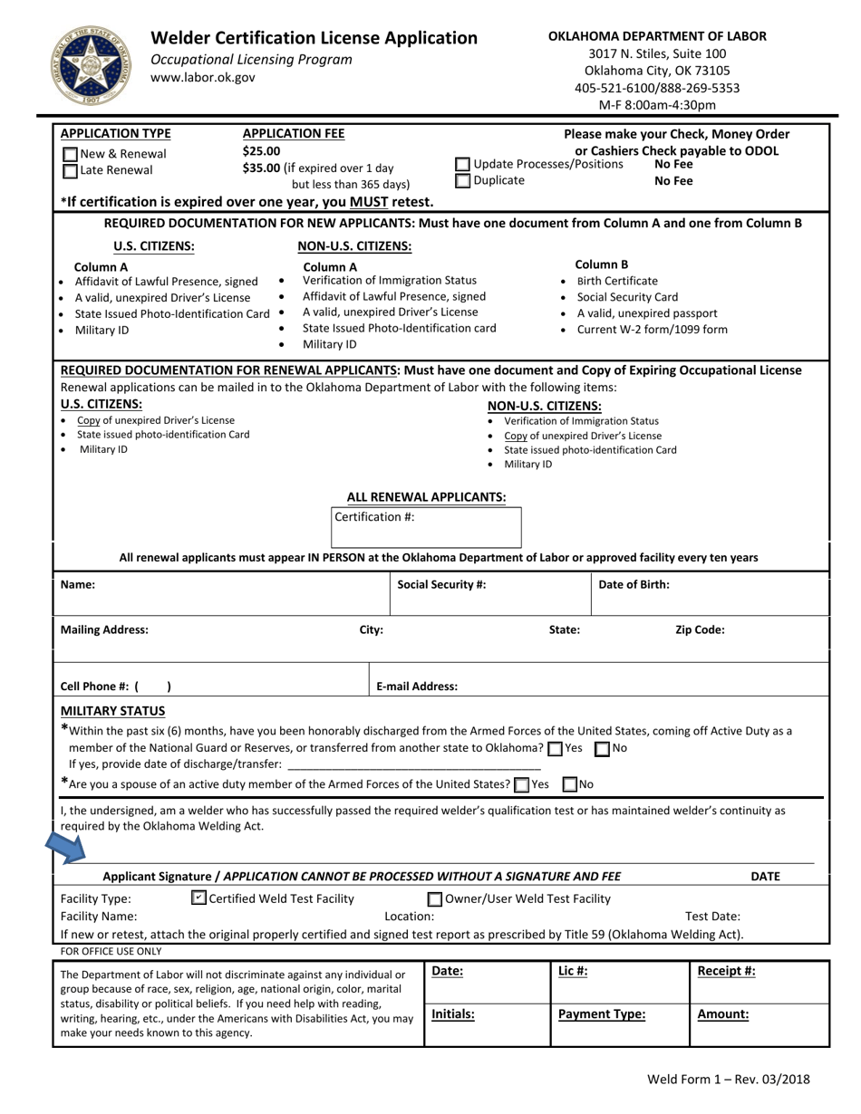Weld Form 1 Welder Certification License Application - Oklahoma, Page 1