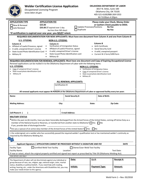 Weld Form 1 Welder Certification License Application - Oklahoma