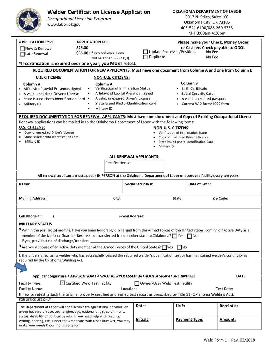 Weld Form 1 - Fill Out, Sign Online and Download Fillable PDF, Oklahoma ...