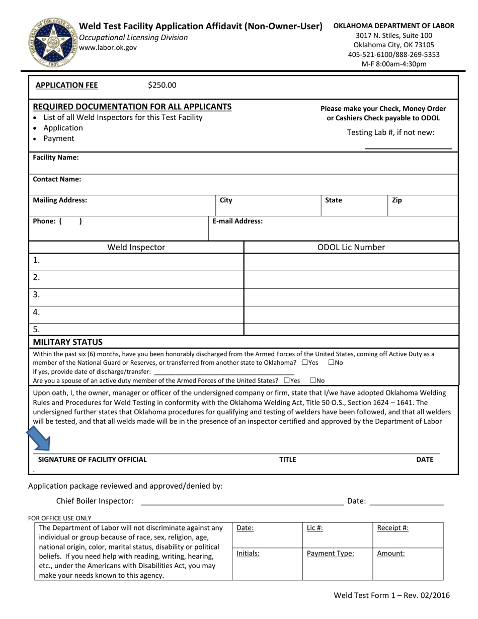 Weld Test Form 1 Weld Test Facility Application Affidavit (Non-owner-User) - Oklahoma, Page 1