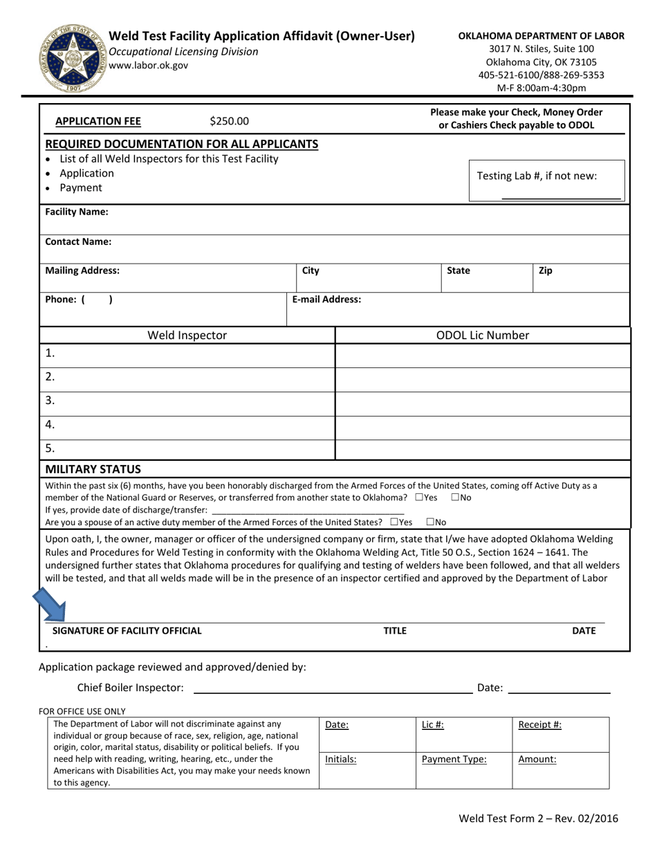 Weld Test Form 2 Weld Test Facility Application Affidavit (Owner-User) - Oklahoma, Page 1
