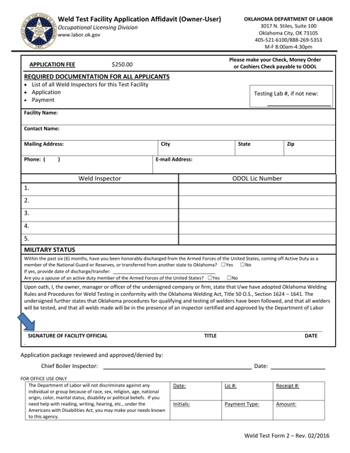Weld Test Form 2 Weld Test Facility Application Affidavit (Owner-User) - Oklahoma