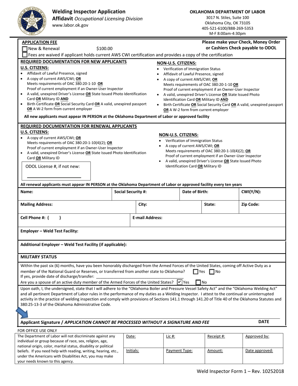 Weld Inspector Form 1 Welding Inspector Application Affidavit - Oklahoma, Page 1