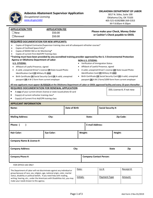 ASB Form 2 Asbestos Abatement Supervisor Application - Oklahoma