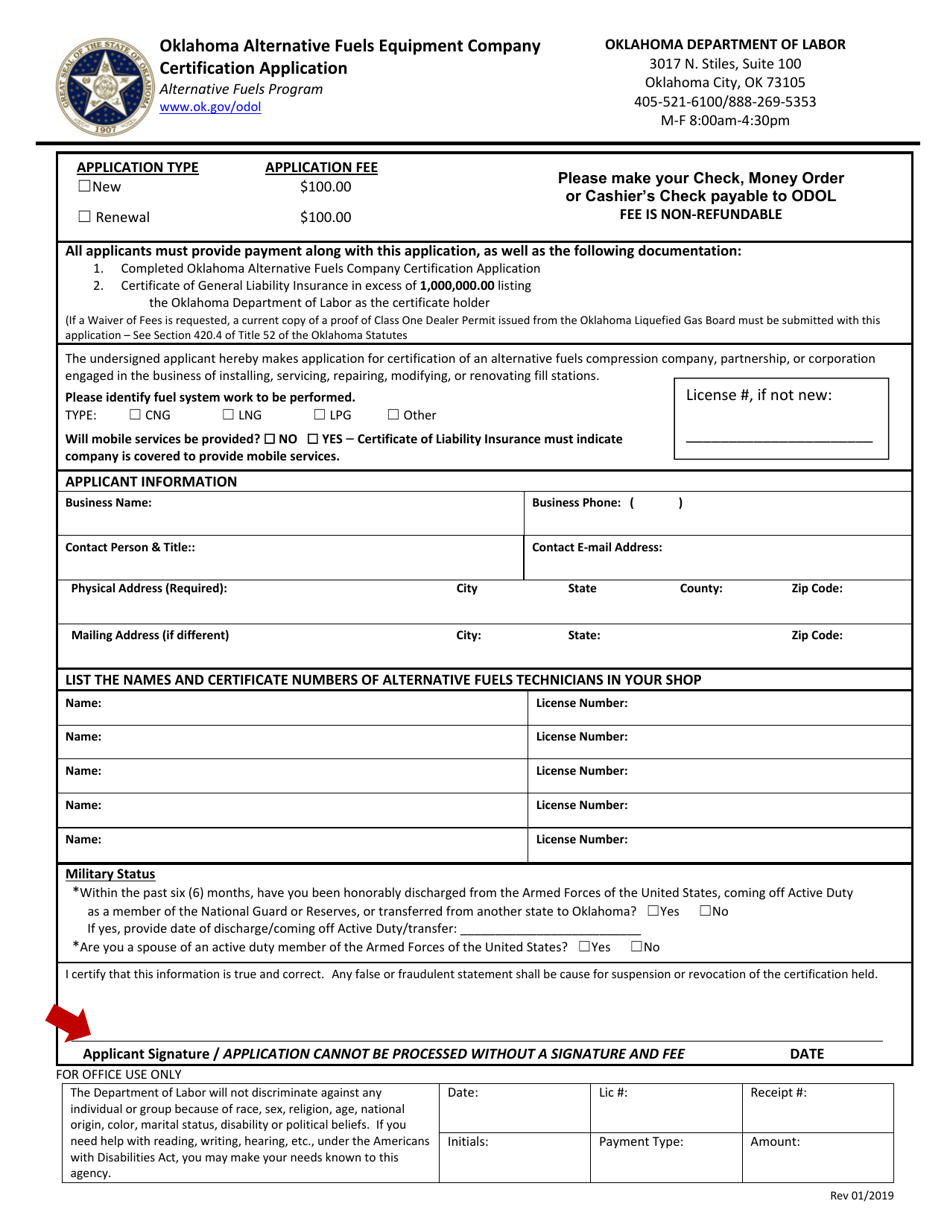 Oklahoma Alternative Fuels Equipment Company Certification Application - Oklahoma, Page 1