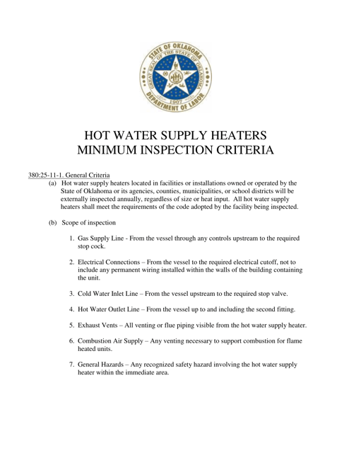 Inspection Checklist for Hot Water Heaters - Oklahoma Download Pdf