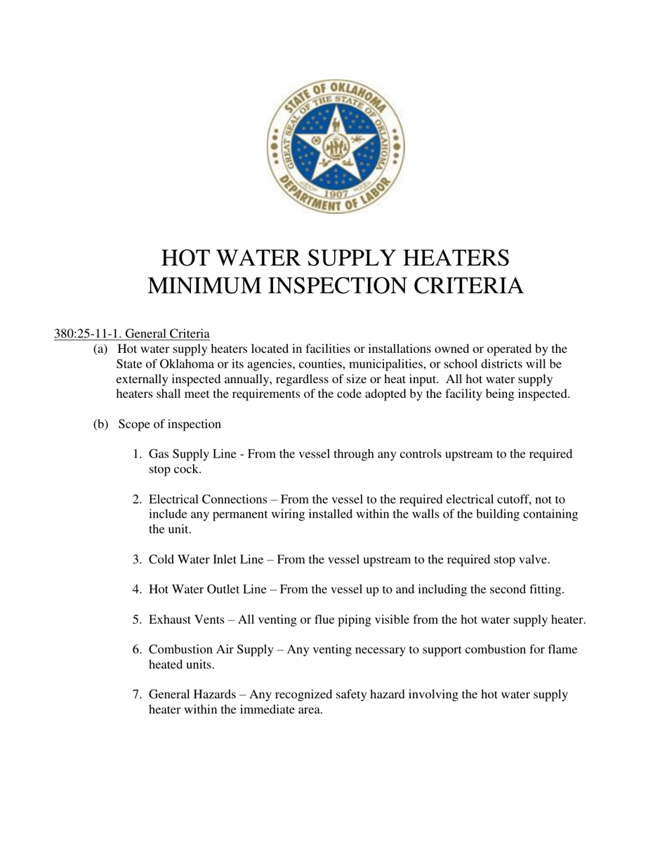Inspection Checklist for Hot Water Heaters - Oklahoma, Page 1