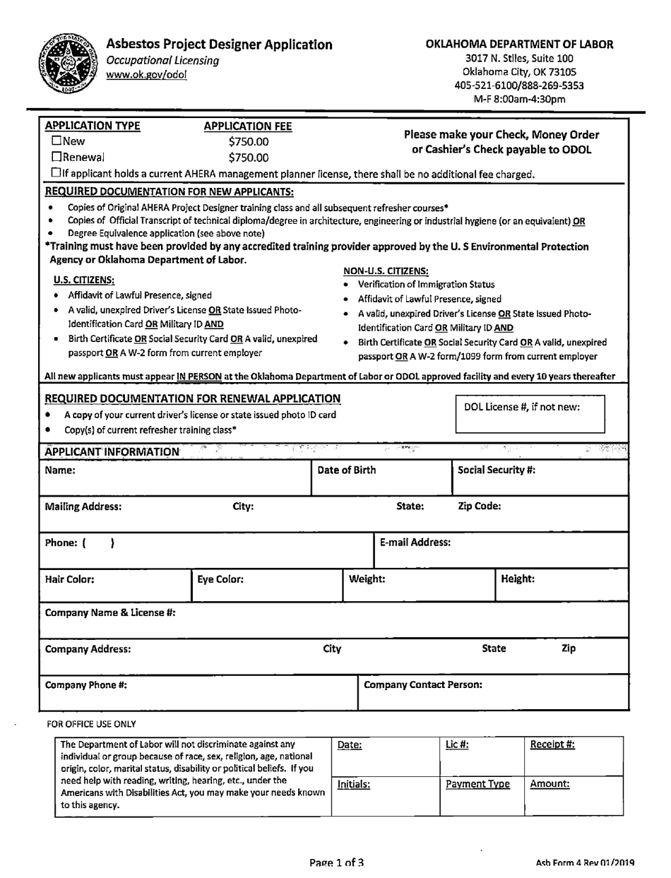 ASB Form 4 Asbestos Project Designer Application - Oklahoma, Page 1