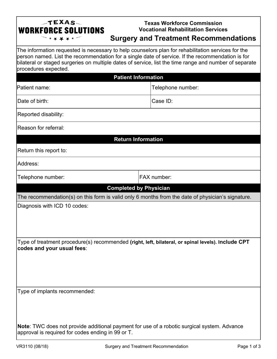 Form VR3110 Surgery and Treatment Recommendations - Texas, Page 1