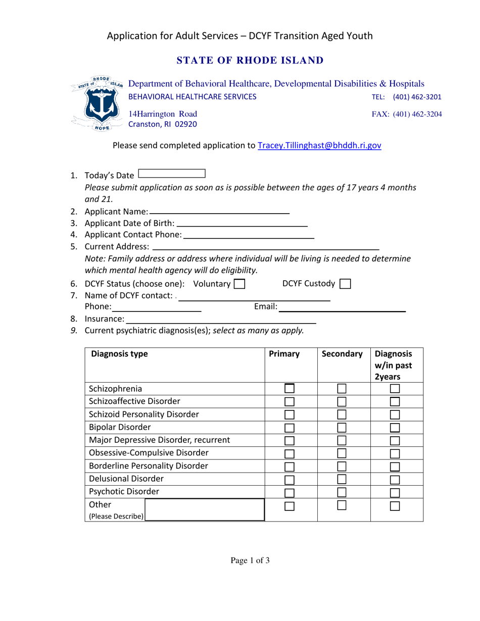 Application for Adult Services - Dcyf Transition Aged Youth - Rhode Island, Page 1