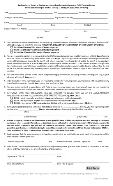 Explanation of Duties to Register as a Juvenile Offender Registrant or Child Victim Offender Duties Commencing on or After Jan. 1, 2008 (Orc 2950.04 or 2950.041) - Ohio