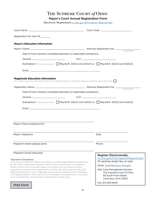 Mayor's Court Annual Registration Form - Ohio Download Pdf