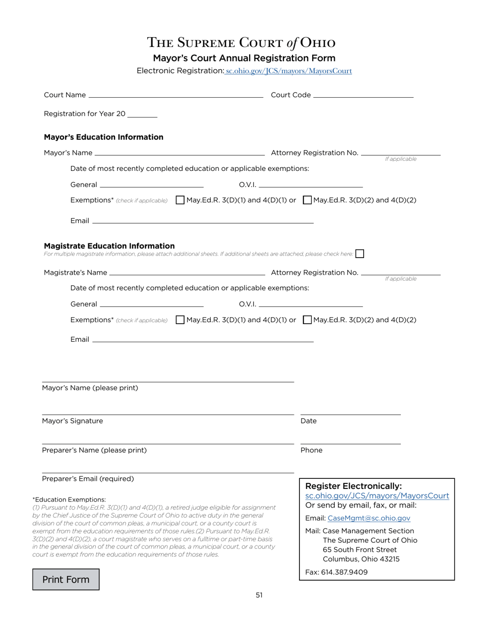 Mayors Court Annual Registration Form - Ohio, Page 1